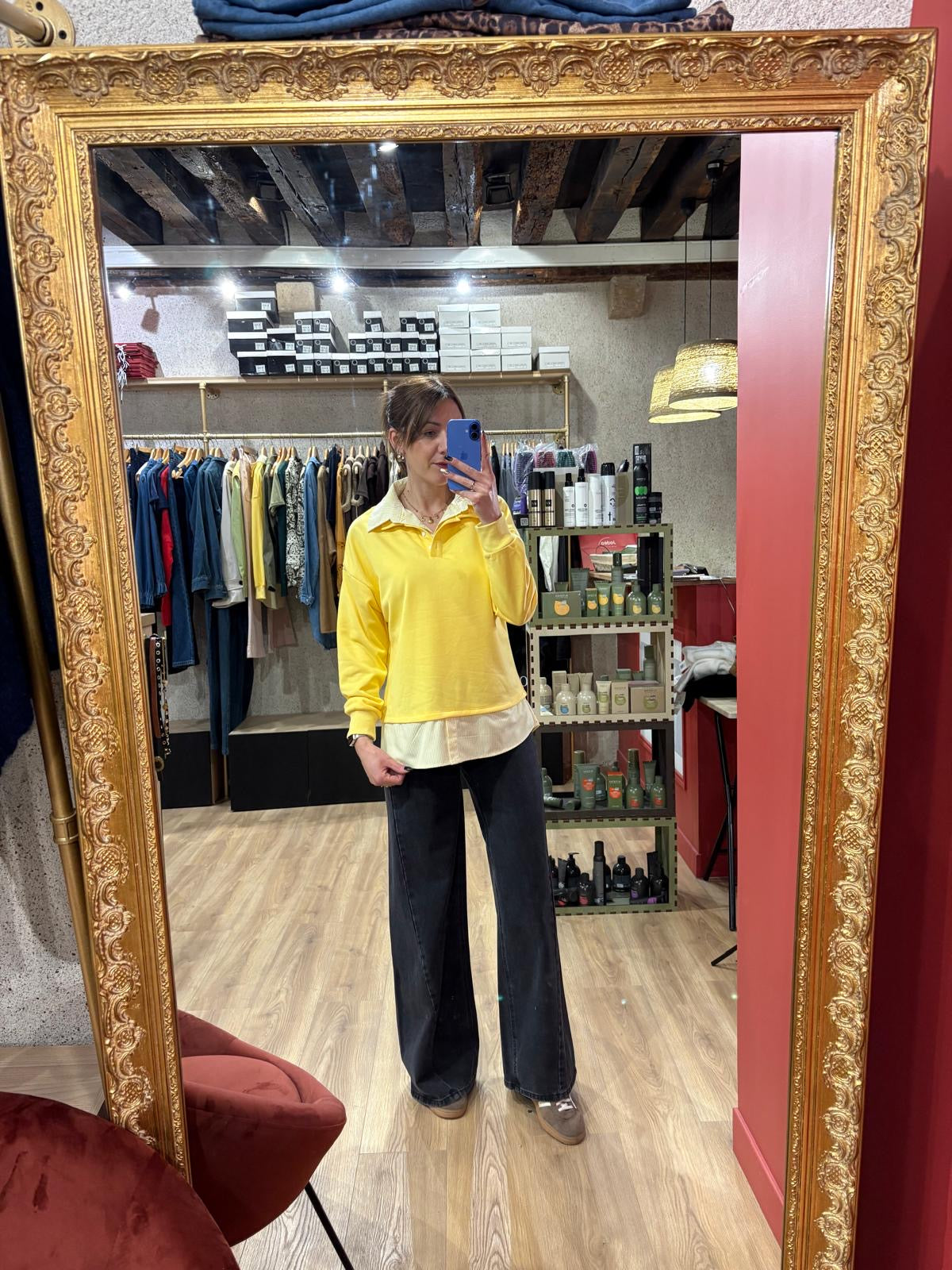 Pull chemise jaune / bleu marine