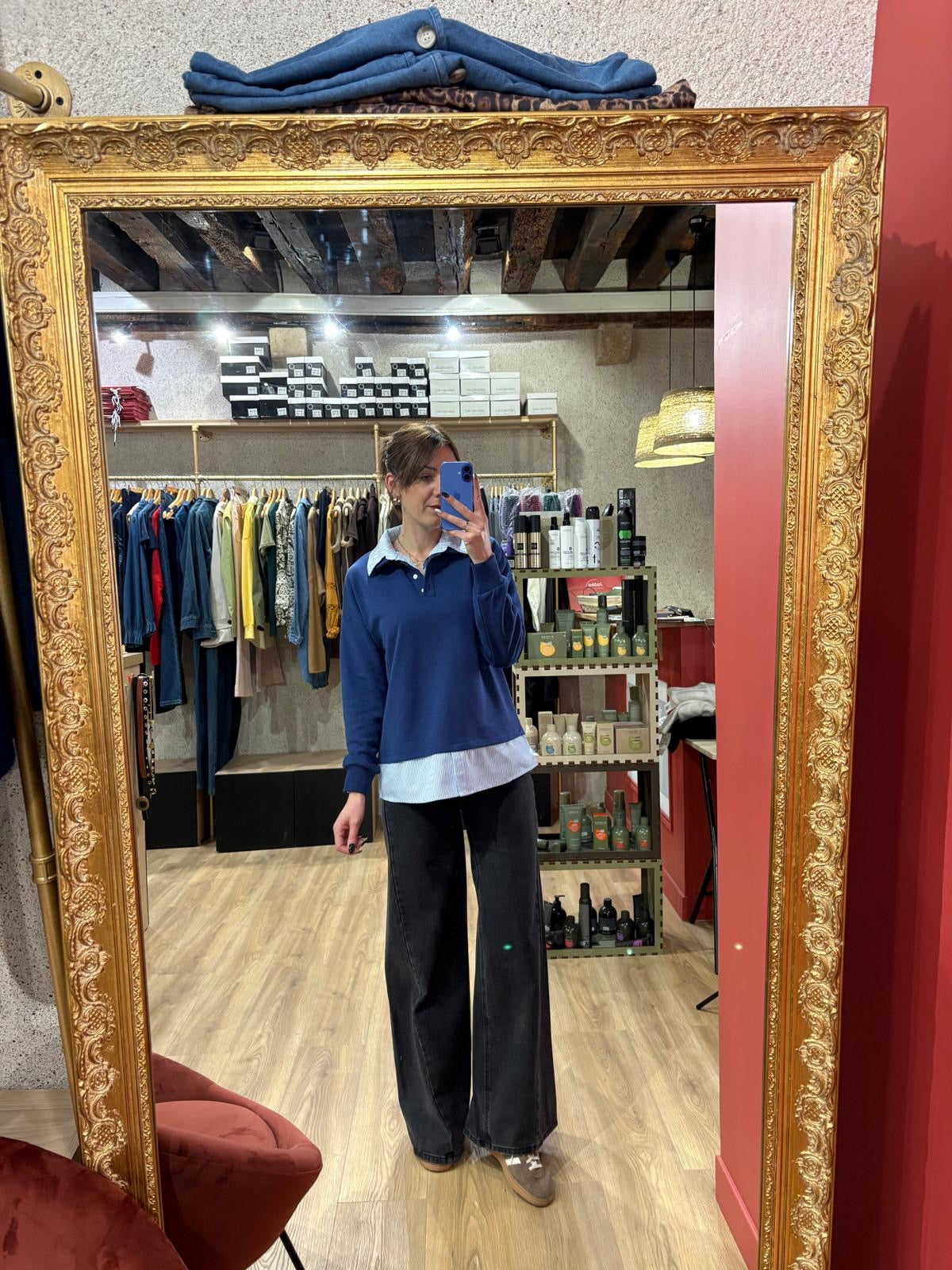 Pull chemise jaune / bleu marine