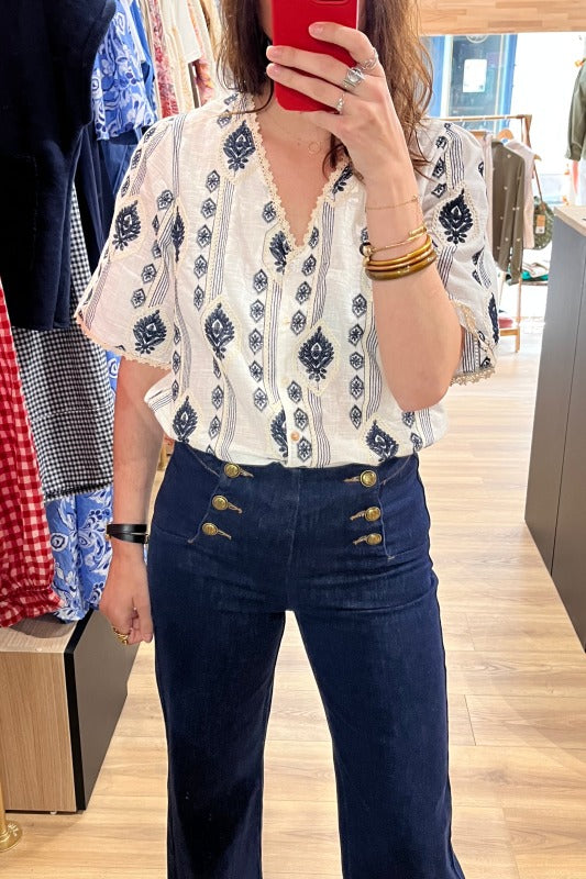 chemise brodée bleu marine